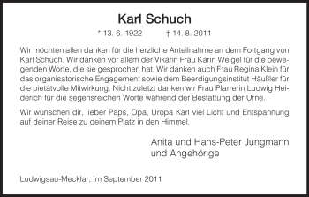 Traueranzeige von Karl Schuch, von HERSFELDER ZEITUNG