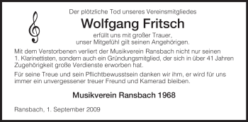 Traueranzeige von Wolfgang Fritsch von HERSFELDER ZEITUNG