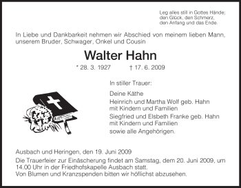 Traueranzeige von Walter Hahn von HERSFELDER ZEITUNG