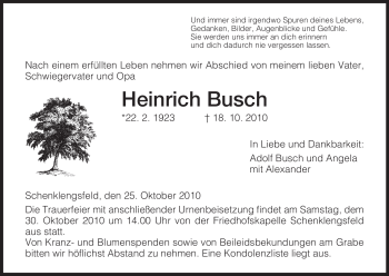 Traueranzeige von Heinrich Busch von HERSFELDER ZEITUNG