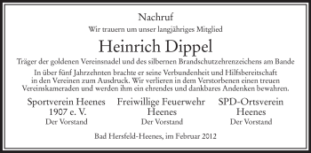 Traueranzeige von Heinrich Dippel von HERSFELDER ZEITUNG