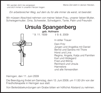 Traueranzeige von Ursula Spangenberg von HERSFELDER ZEITUNG