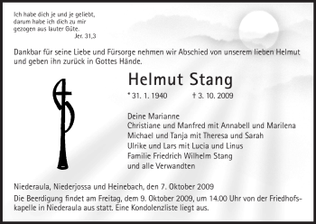 Traueranzeige von Helmut Stang von HERSFELDER ZEITUNG