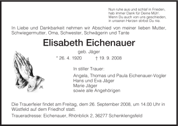 Traueranzeige von Elisabeth Eichenauer von HERSFELDER ZEITUNG