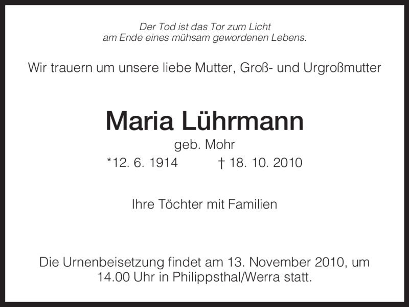  Traueranzeige für Maria Lührmann vom 04.11.2010 aus HERSFELDER ZEITUNG