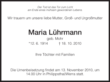 Traueranzeige von Maria Lührmann von HERSFELDER ZEITUNG