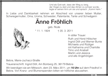 Traueranzeige von Änne Fröhlich von HERSFELDER ZEITUNG