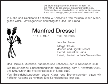 Traueranzeige von Manfred Dressel von HERSFELDER ZEITUNG