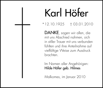 Traueranzeige von Karl Höfer von HERSFELDER ZEITUNG