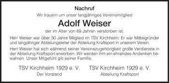 Traueranzeige von Adolf Weiser von HERSFELDER ZEITUNG