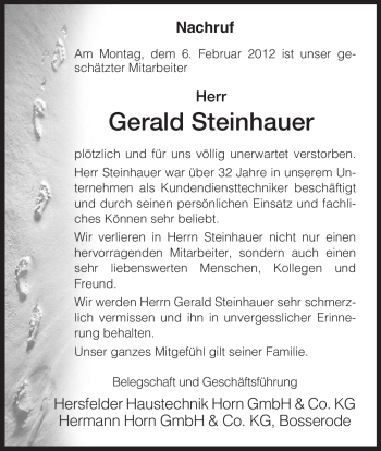 Traueranzeige von Gerald Steinhauer von HERSFELDER ZEITUNG