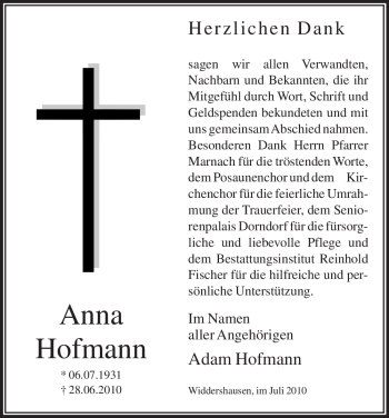 Traueranzeige von Anna Hofmann von HERSFELDER ZEITUNG