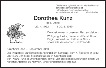 Traueranzeige von Dorothea Kunz von HERSFELDER ZEITUNG