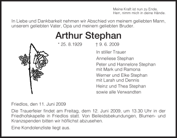 Traueranzeige von Arthur Stephan von HERSFELDER ZEITUNG