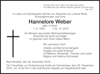Traueranzeige von Hannelore Weber von HERSFELDER ZEITUNG