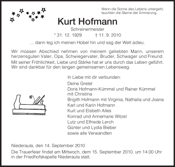 Traueranzeige von Kurt Hofmann von HERSFELDER ZEITUNG