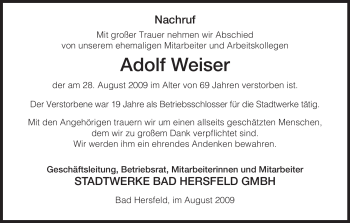 Traueranzeige von Adolf Weiser von HERSFELDER ZEITUNG