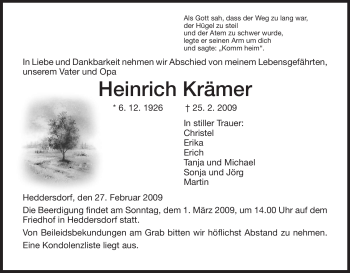 Traueranzeige von Heinrich Kraemer von HERSFELDER ZEITUNG