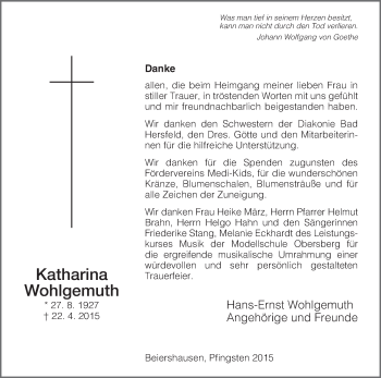 Traueranzeige von Katharina Wohlgemuth von Hersfeld