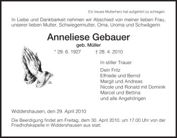 Traueranzeige von Anneliese Gebauer von HERSFELDER ZEITUNG