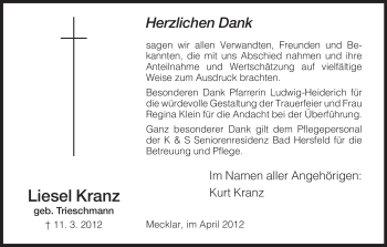 Traueranzeige von Liesel Kranz von HERSFELDER ZEITUNG