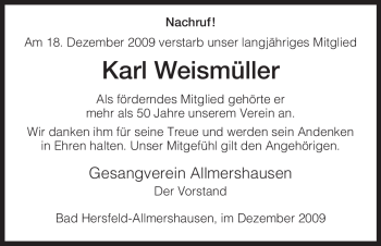 Traueranzeige von Karl Weismüller von HERSFELDER ZEITUNG