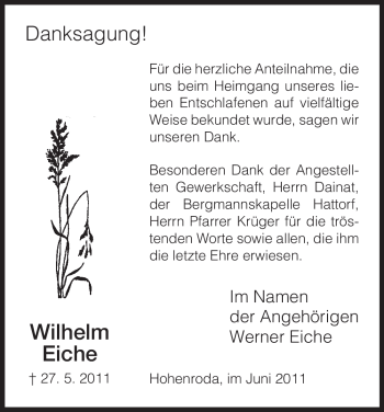 Traueranzeige von Wilhelm Eiche von HERSFELDER ZEITUNG