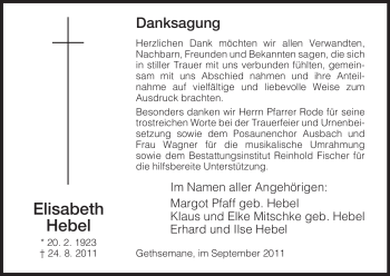 Traueranzeige von Elisabeth Hebel von HERSFELDER ZEITUNG