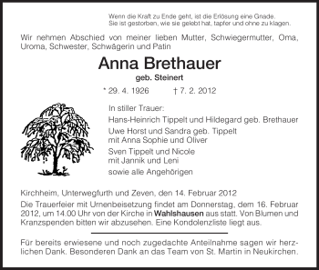 Traueranzeige von Anna Brethauer von HERSFELDER ZEITUNG