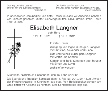 Traueranzeige von Elisabeth Langner von HERSFELDER ZEITUNG