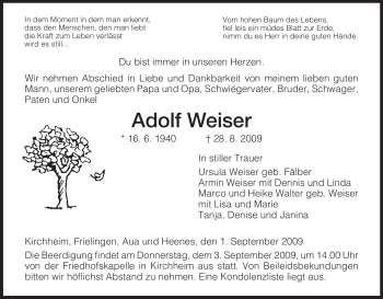 Traueranzeige von Adolf Weiser von HERSFELDER ZEITUNG
