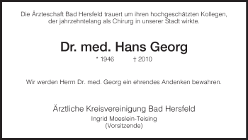 Traueranzeige von Hans Georg von HERSFELDER ZEITUNG