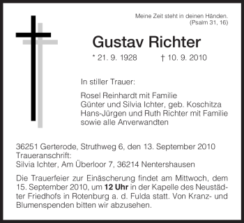 Traueranzeige von Gustav Richter von HERSFELDER ZEITUNG