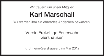 Traueranzeige von Karl Marschall von HERSFELDER ZEITUNG