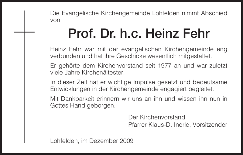  Traueranzeige für Heinz Fehr vom 11.12.2009 aus HERSFELDER ZEITUNG