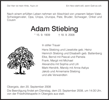 Traueranzeige von Adam Stiebing von HERSFELDER ZEITUNG