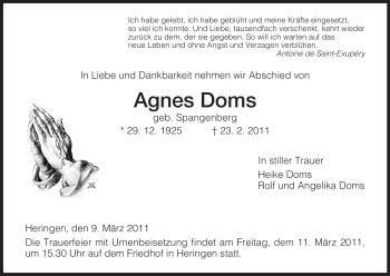 Traueranzeige von Agnes Doms von HERSFELDER ZEITUNG