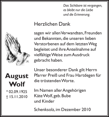 Traueranzeige von August Wolf von HERSFELDER ZEITUNG