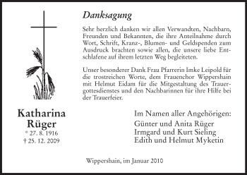 Traueranzeige von Katharina Rüger von HERSFELDER ZEITUNG