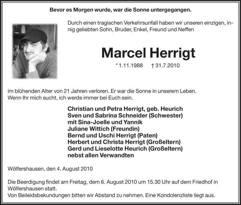  Traueranzeige für Marcel Herrigt vom 29.08.2010 aus HERSFELDER ZEITUNG