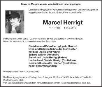 Traueranzeige von Marcel Herrigt von HERSFELDER ZEITUNG