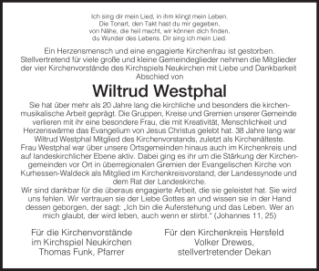 Traueranzeige von Wiltrud Westphal von HERSFELDER ZEITUNG