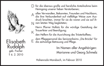 Traueranzeige von Elisabeth Rudolph von HERSFELDER ZEITUNG