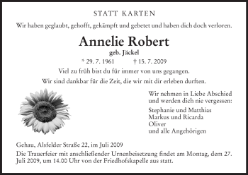 Traueranzeige von Annelie Robert von HERSFELDER ZEITUNG