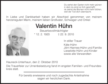 Traueranzeige von Valentin Hühn von HERSFELDER ZEITUNG