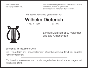 Traueranzeige von Wilhelm Dieterich von HERSFELDER ZEITUNG