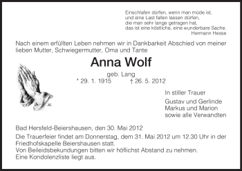 Traueranzeige von Anna Wolf von HERSFELDER ZEITUNG