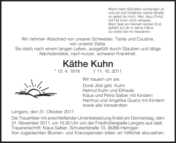 Traueranzeige von Käthe Kuhn von HERSFELDER ZEITUNG