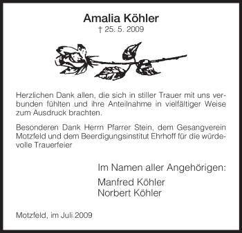 Traueranzeige von Amila Koehler von HERSFELDER ZEITUNG