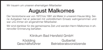 Traueranzeige von August Malkomes von HERSFELDER ZEITUNG